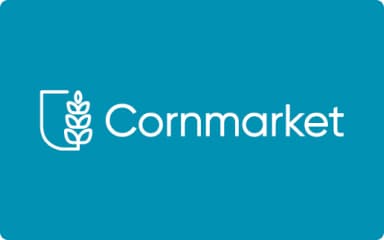 The Cornmarket logo: a white ear of wheat inside a shield outline, beside the word “Cornmarket” in white, on a blue background.